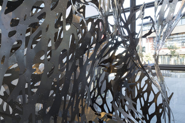 Roland Snooks, detail view of <em>AgentBody Prototype</em>, 2015, cut steel and aluminium, in the exhibition <em> Drawing Is/Not Building</em> at the Adam Art Gallery Te Pātaka Toi, Victoria University of Wellington (photo: Shaun Waugh)